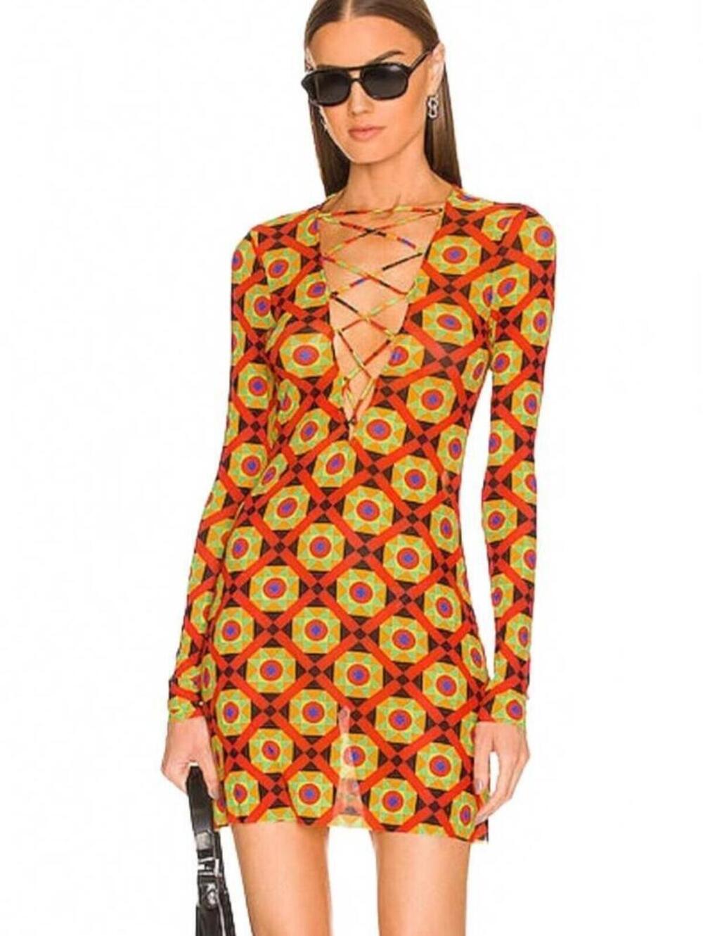 WeWoreWhat Mosaic Geometric Print Lace-Up Front Mesh Bodycon Mini Dress